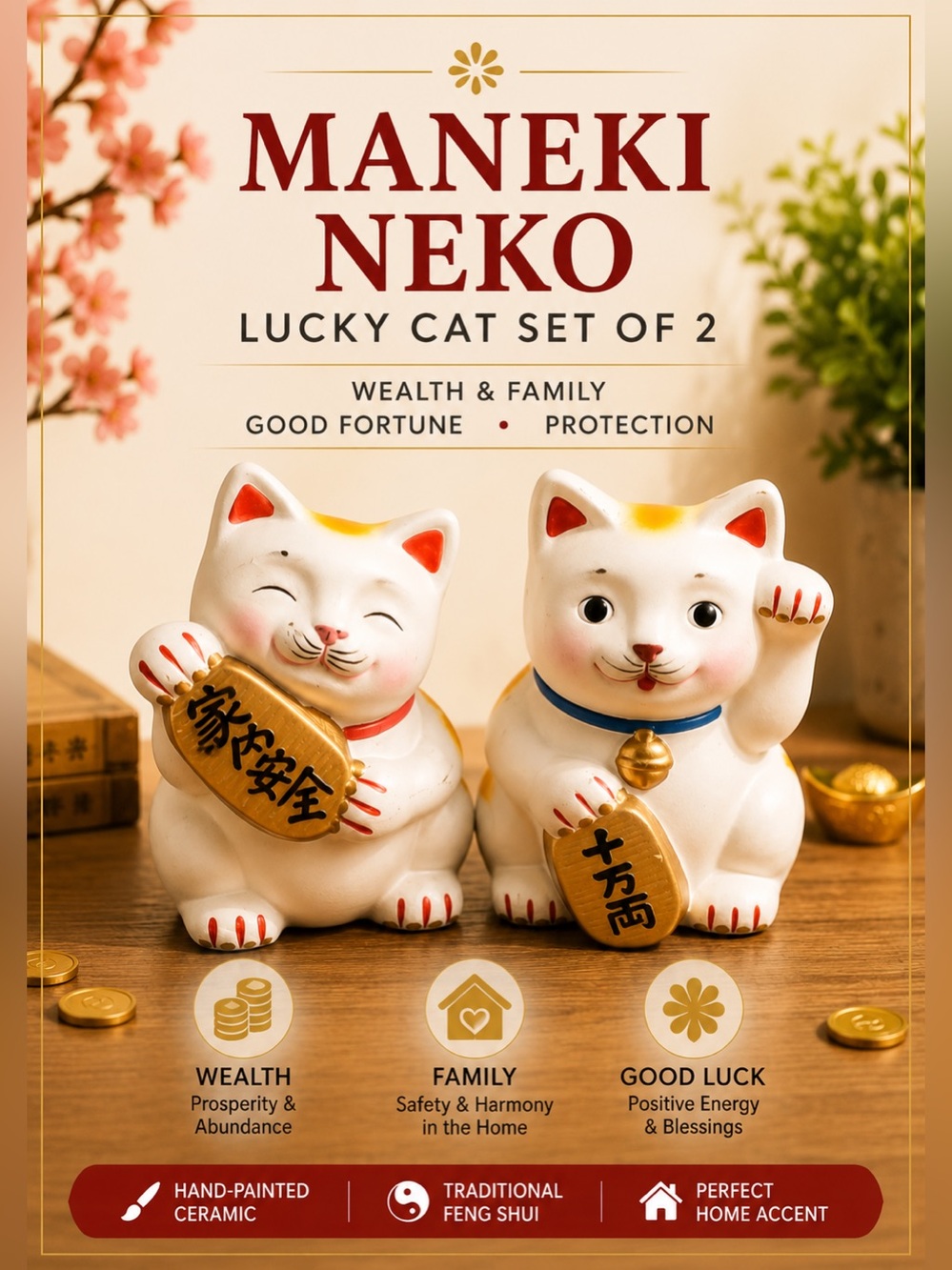 Maneki Neko Lucky Cat Set of 2 Ceramic Japanese Feng Shui Fortune Cats Decor